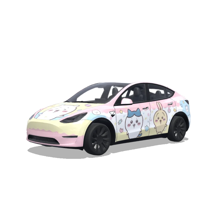 Tesla Model Y with a Chiikawa Characters wrap, 3D preview