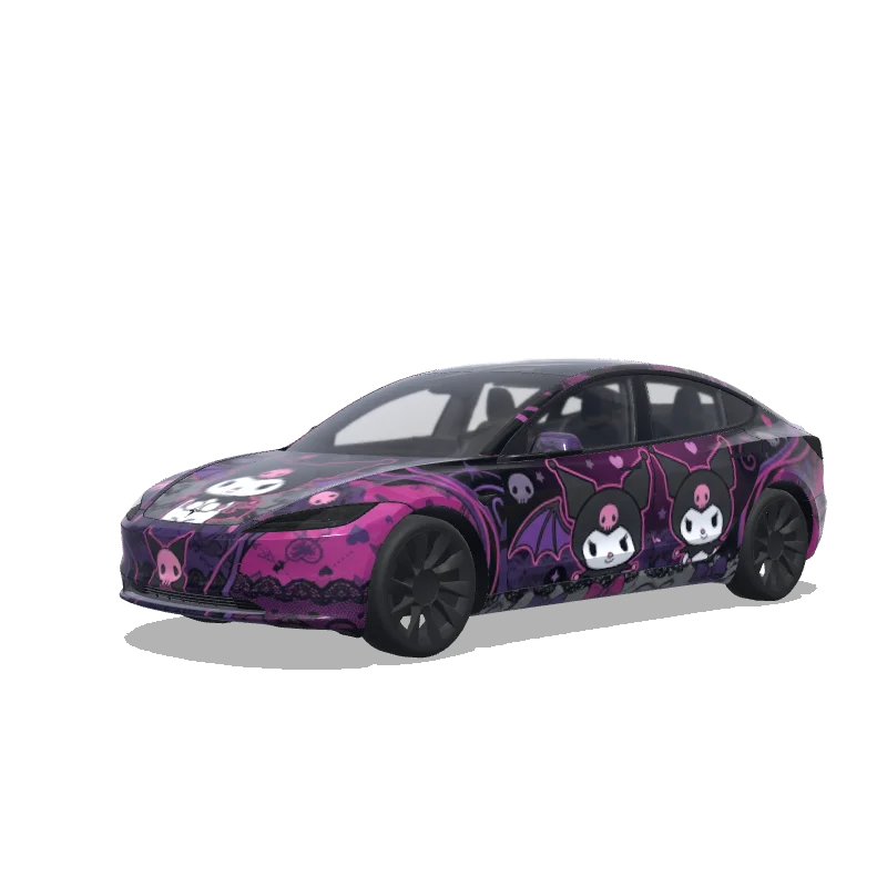 Tesla Model 3 (2024+) with a Kuromi Black and Pink wrap, 3D preview