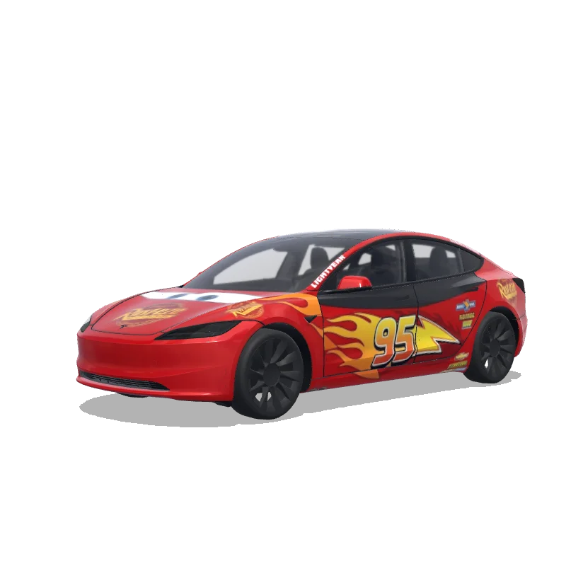 Tesla Model 3 (2024+) with a Lightning McQueen Racer wrap, 3D preview