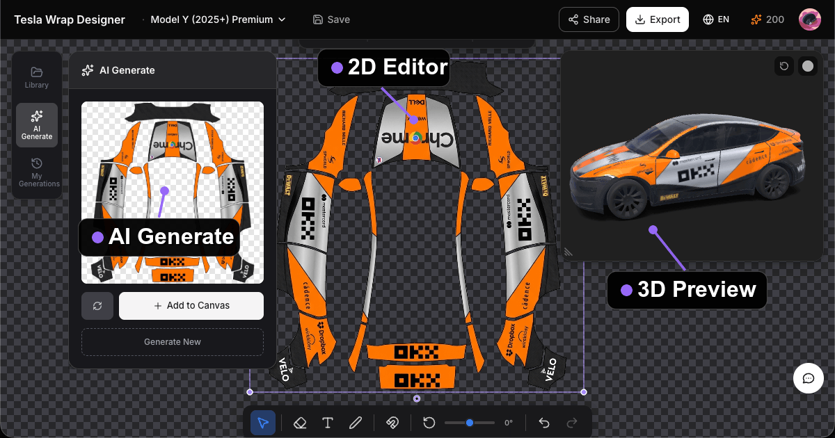 Explore Tesla wrap designs, find inspiration in the gallery, or create your own with AI. Preview your wrap on a 3D Tesla model and download the PNG.